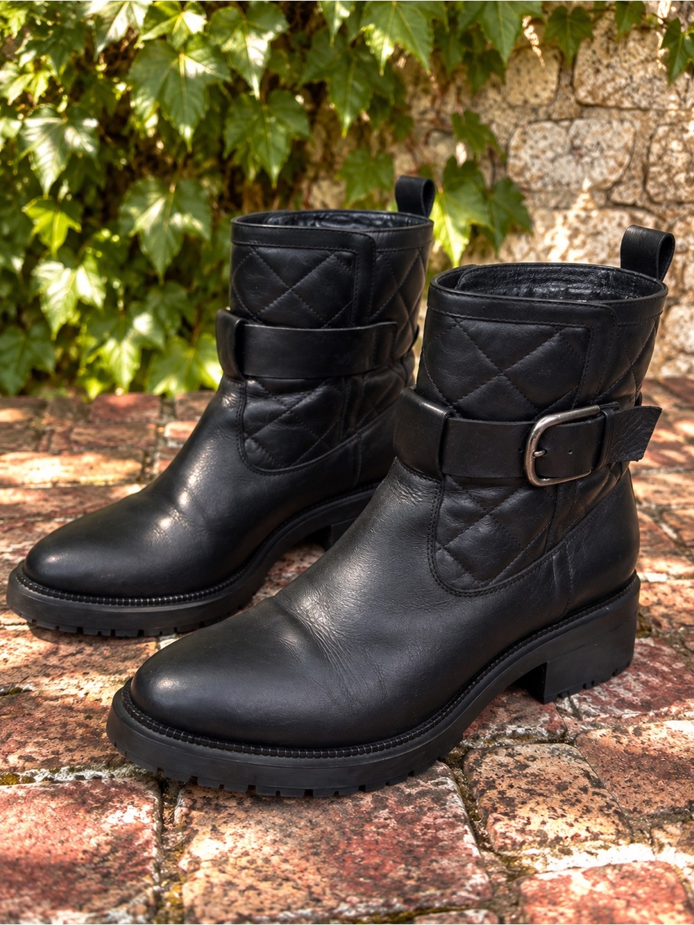 AQUATALIA Black Leather Quilted Leva Moto Combat Italian Boots, 9.5